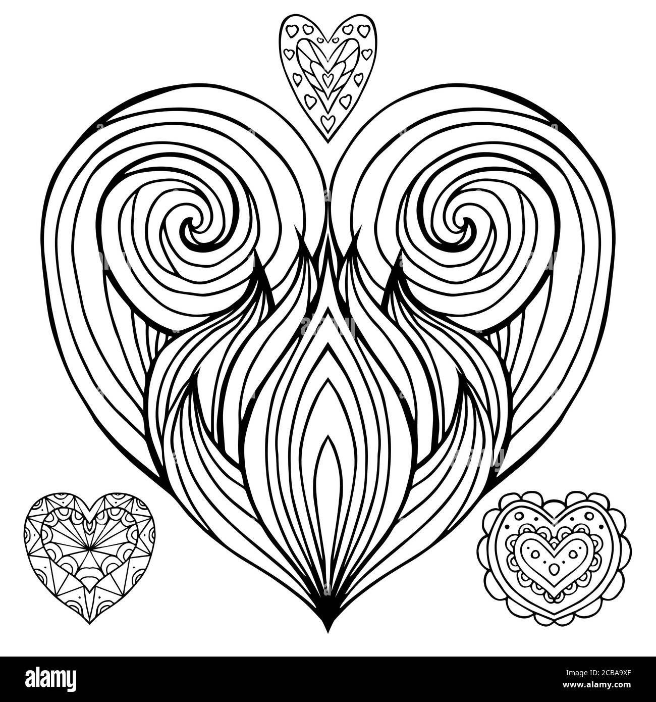 Set of contour doodle hearts with the hair pattern. Vector element for ...
