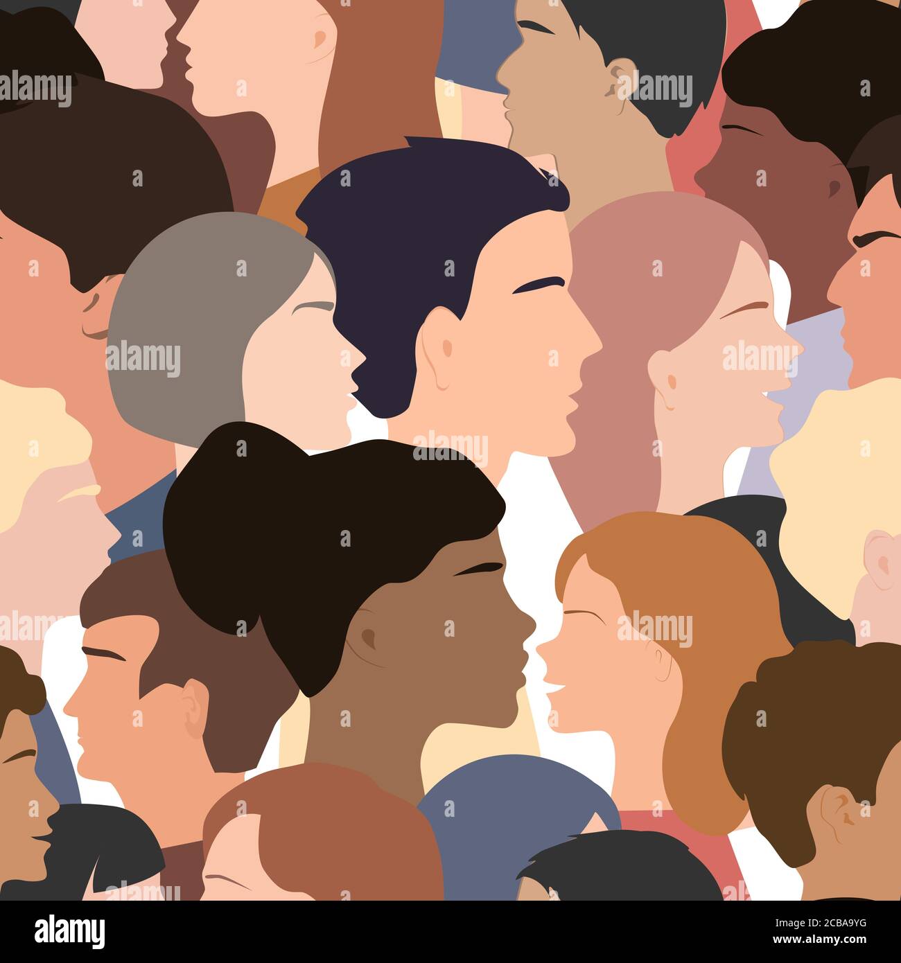 Seamless pattern of different people profile heads. Humans of different gender, ethnicity, and color. Vector background Stock Vector