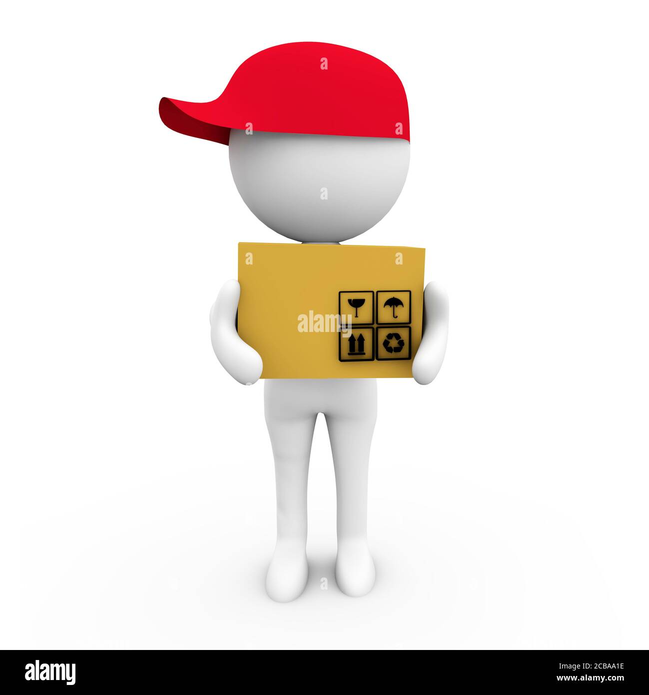 3D rendering of a delivery man figure in a red cap holding a box ...