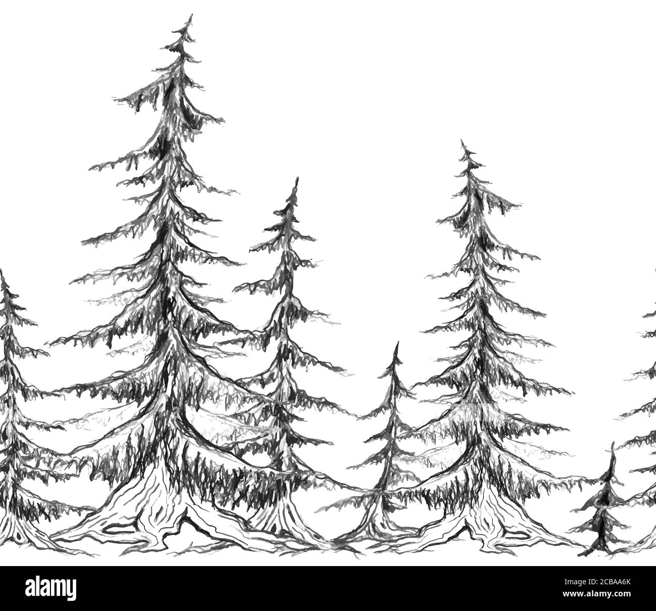 Seamless border with pencil sketch trees. Vector element for frames