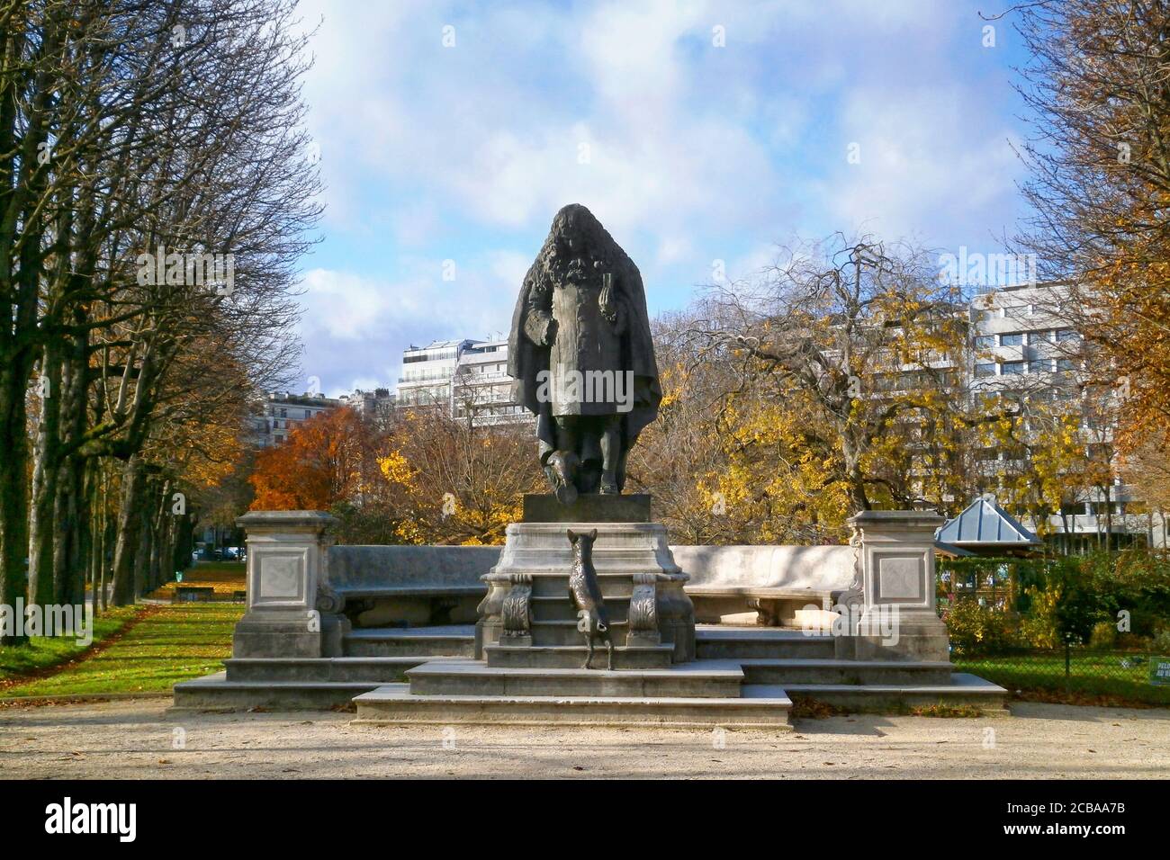 Paris, France - November 23 2017: Bronze statue entitled 'Hommage à Jean de la Fontaine' (Tribute to Jean de la Fontaine) representing the fabulist wi Stock Photo