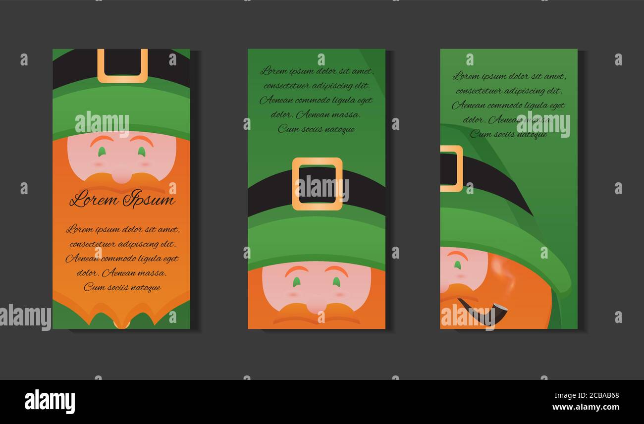 et templates with illustration of Leprechaun with a pipe on St. Patrick's Day. Vector element for the invitation, a brochure and your design Stock Vector