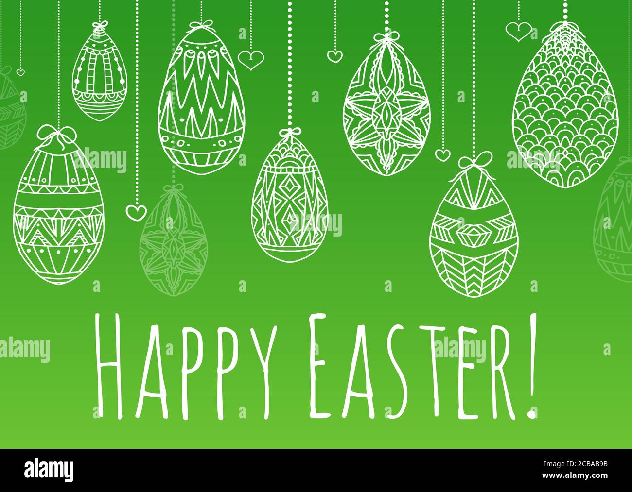 Easter card with hanging doodle eggs with zentangle pattern and congratulations for your creativity Stock Vector
