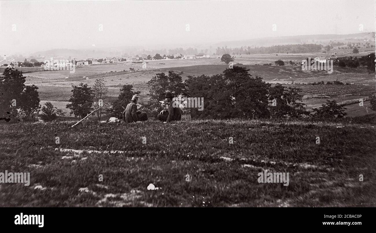 Gettysburg, Pennsylvania, 1863. The Battle of Gettysburg was fought on 1-3 July 1863, in and around the town of Gettysburg, Pennsylvania, by Union and Confederate forces during the American Civil War. The battle involved the largest number of casualties of the entire war and is often described as the war's turning point. Stock Photo