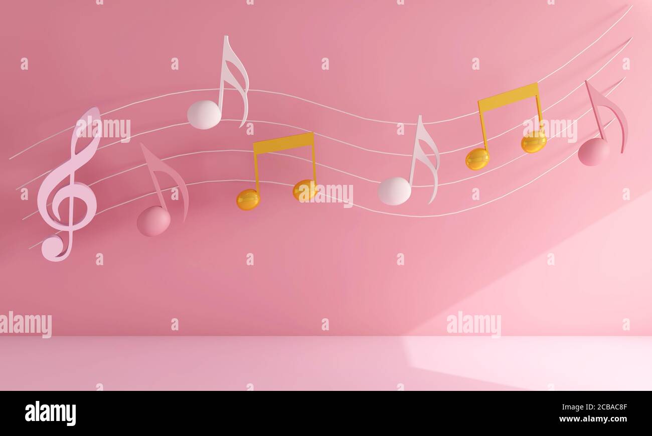 3D rendering of white, pink, and yellow music notes on a pink ...