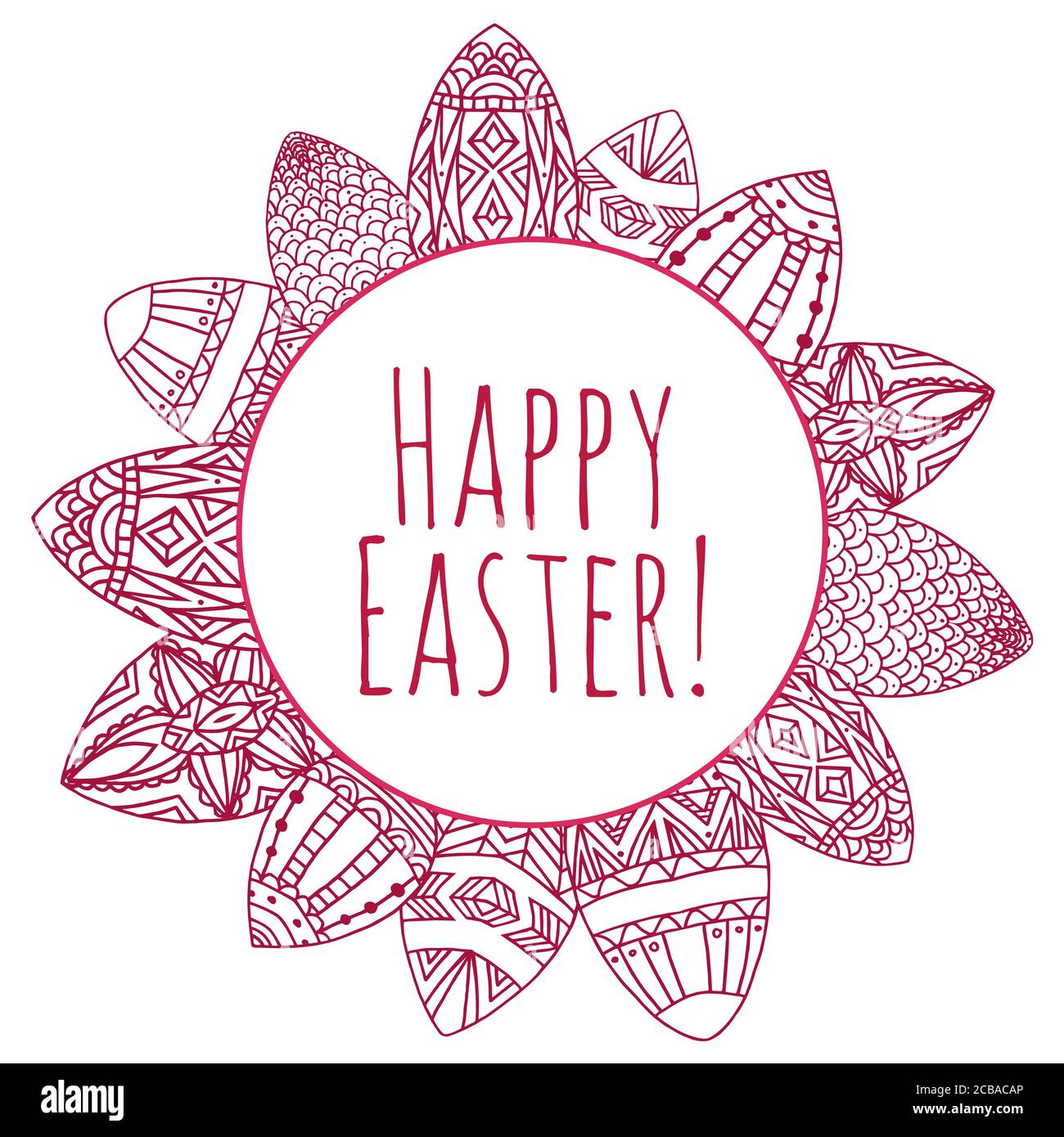 Round frame with Easter eggs with zentangle doodle pattern and place for text for your design Stock Vector
