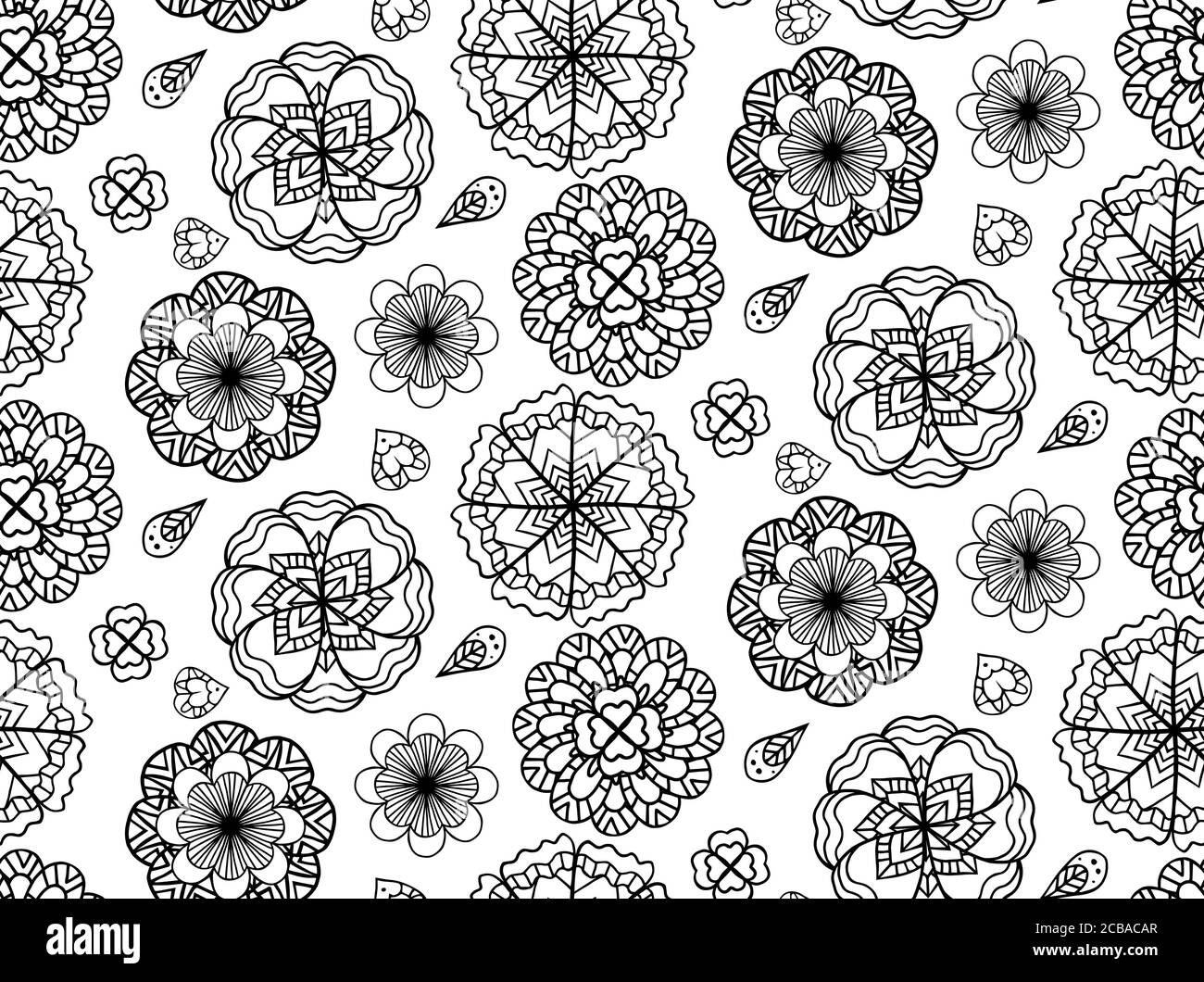 Seamless black and white texture with doodle flowers. Vector background ...