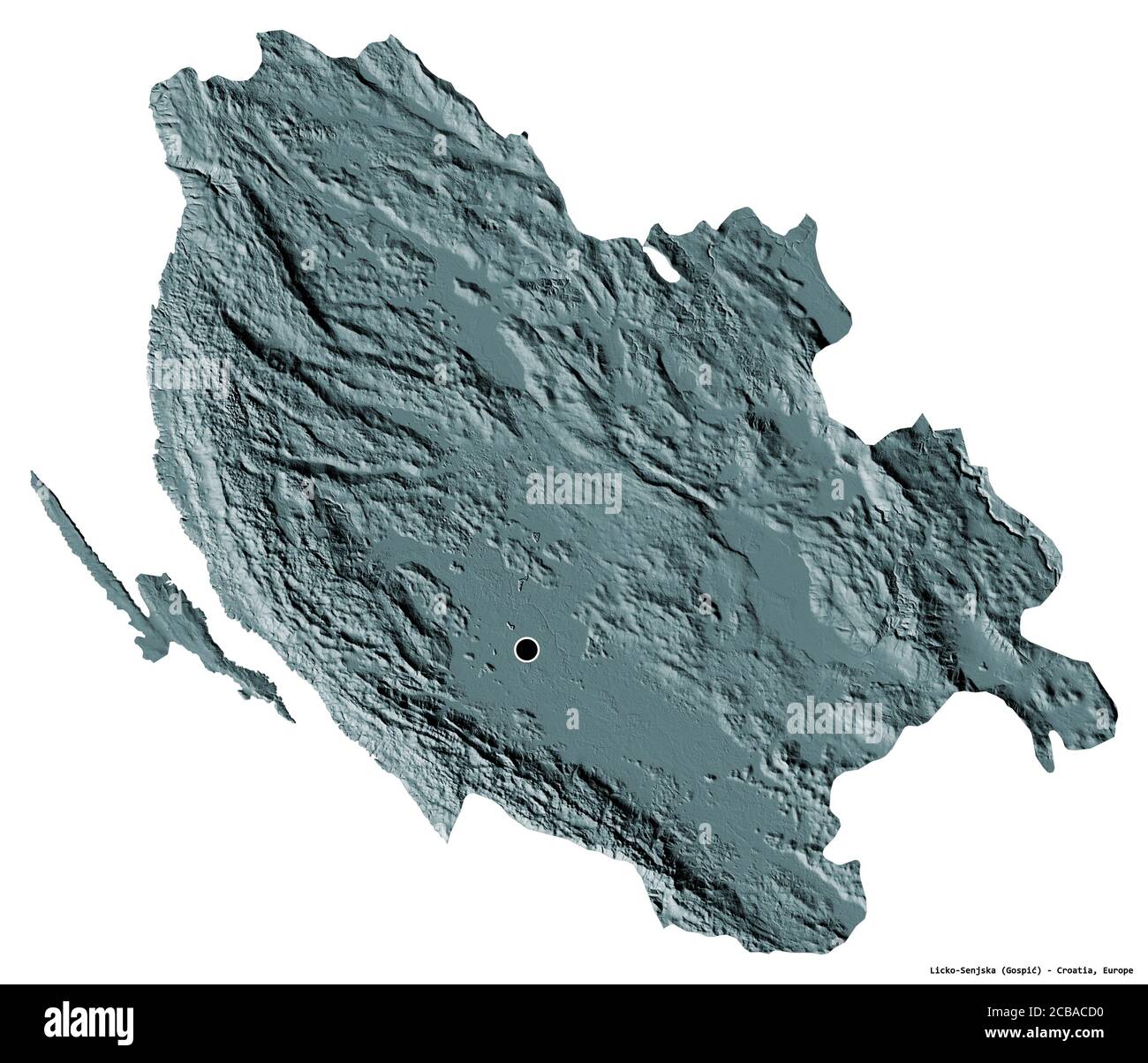Shape of Licko-Senjska, county of Croatia, with its capital isolated on white background. Colored elevation map. 3D rendering Stock Photo