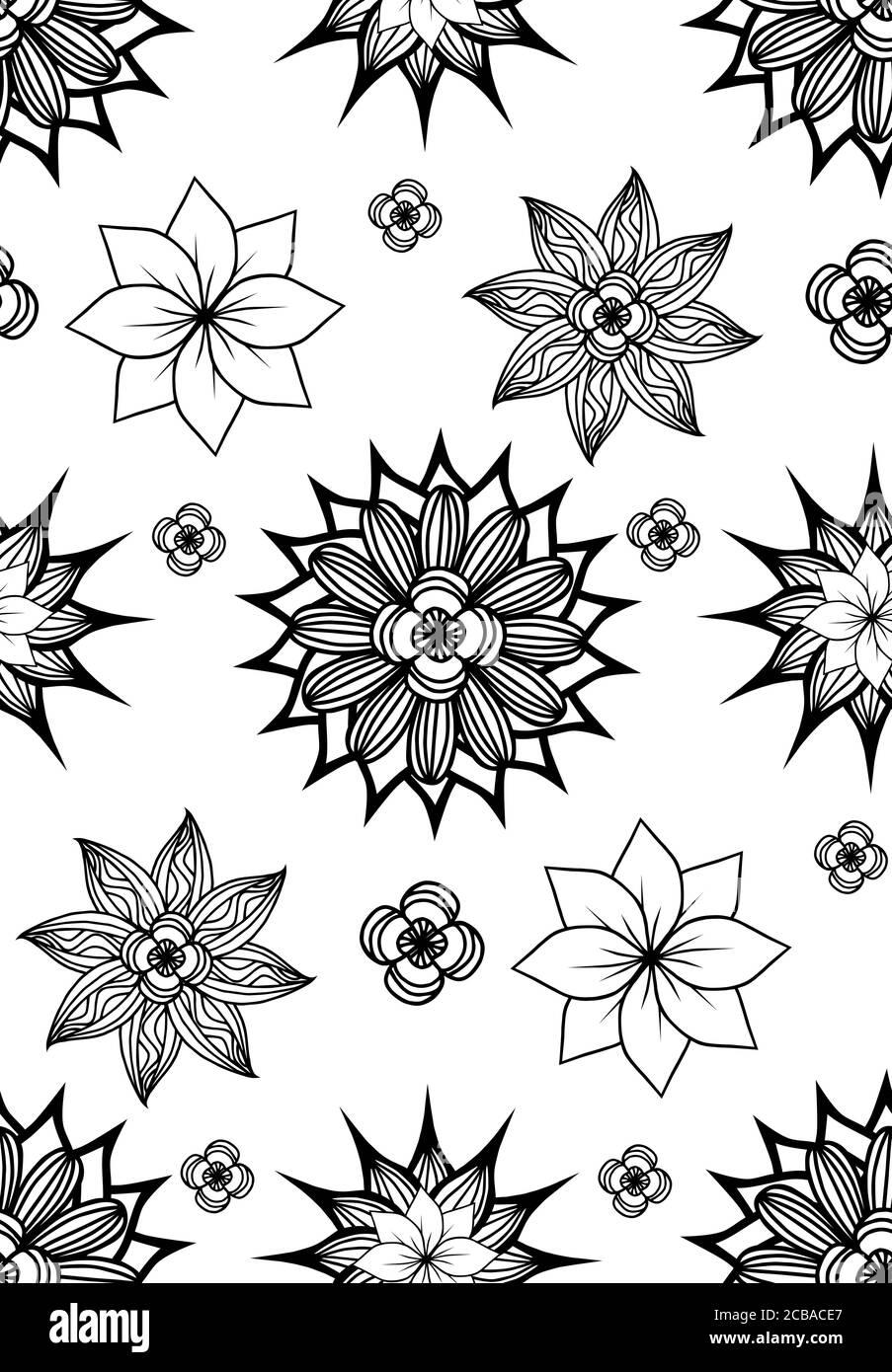 Seamless black and white texture with doodle flowers. Vector background ...