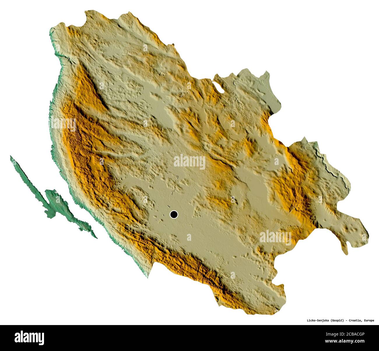 Shape of Licko-Senjska, county of Croatia, with its capital isolated on white background. Topographic relief map. 3D rendering Stock Photo