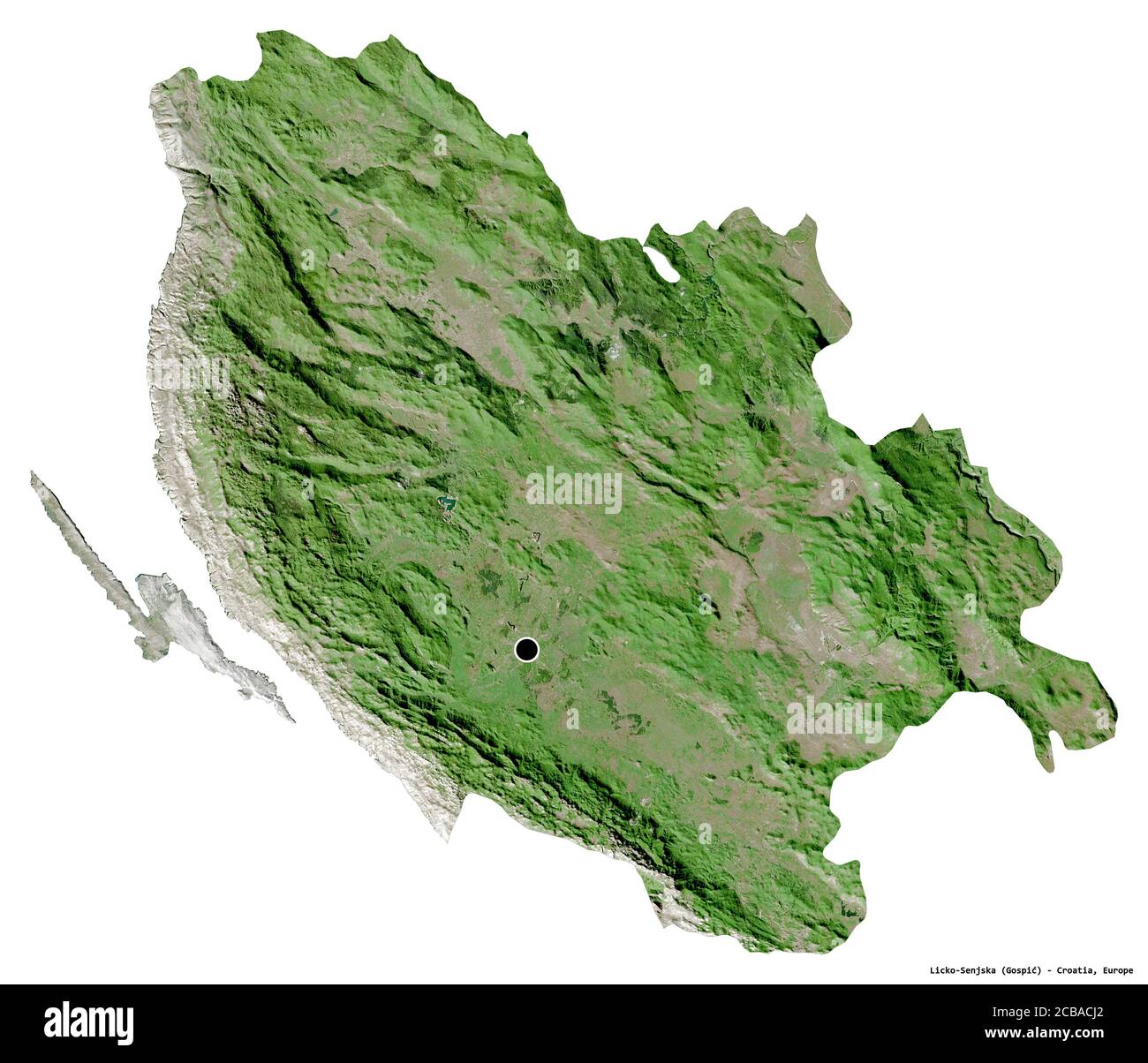 Shape of Licko-Senjska, county of Croatia, with its capital isolated on white background. Satellite imagery. 3D rendering Stock Photo