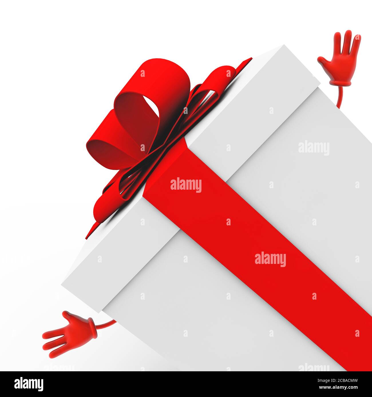 3D rendering of a white gift box with a red ribbon isolated on a white ...