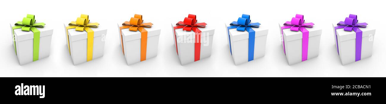 Illustration of gift boxes with colorful ribbons on a white surface ...