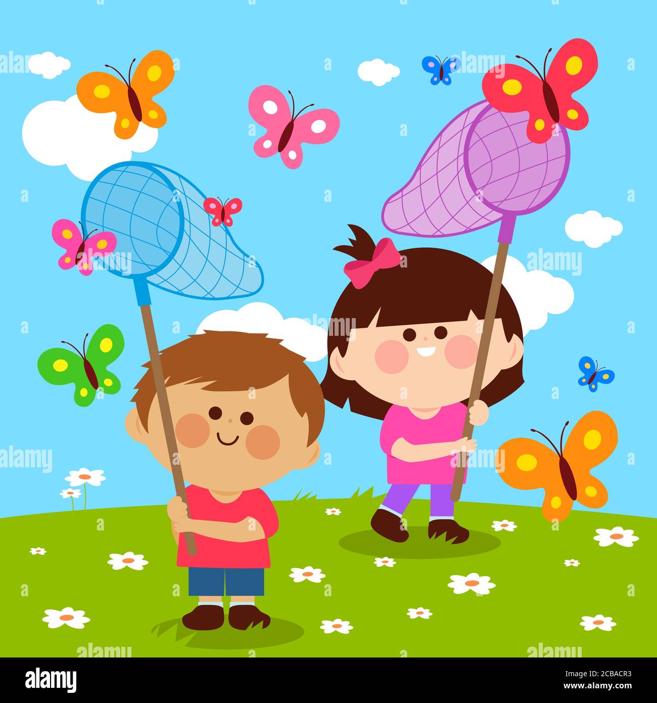 Children with butterfly nets catching butterflies Stock Photo - Alamy