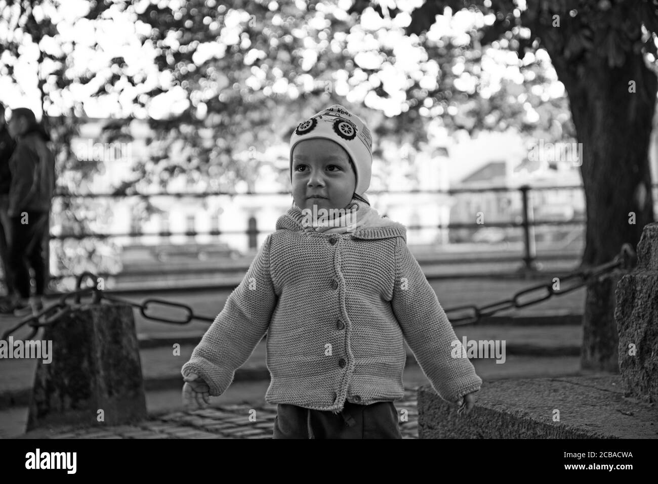 Portrait of a happy little boy in the park. Stock Photo