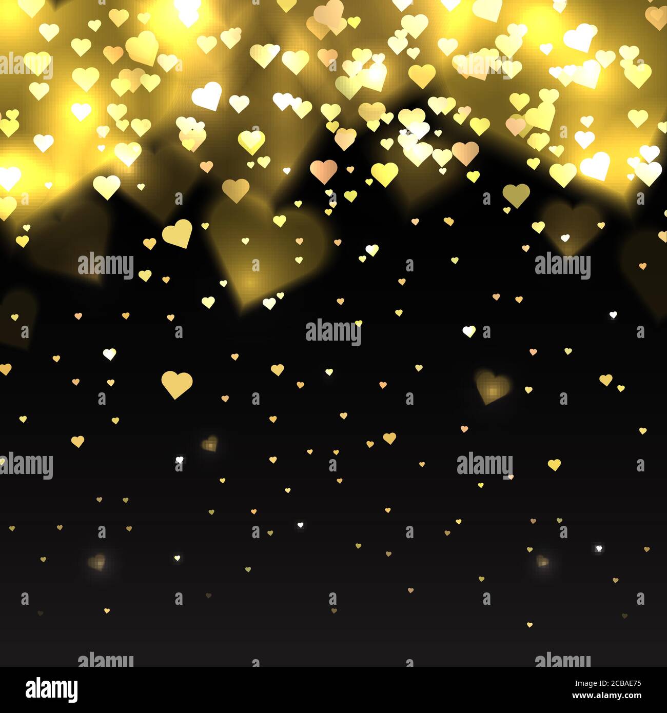 Illustration with gold glitter hearts on a dark background with