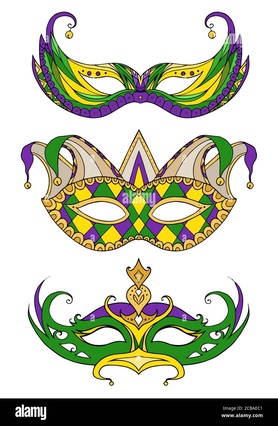 Set of hand-drawn doodle face masks. Festival Mardi Gras, masquerade. Stock Vector