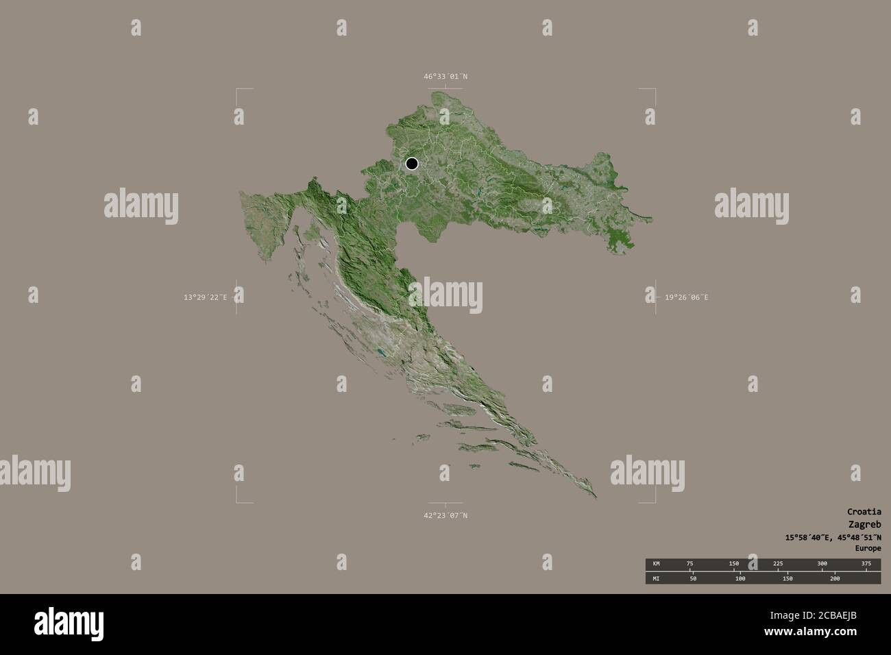 Area of Croatia isolated on a solid background in a georeferenced bounding box. Main regional division, distance scale, labels. Satellite imagery. 3D Stock Photo