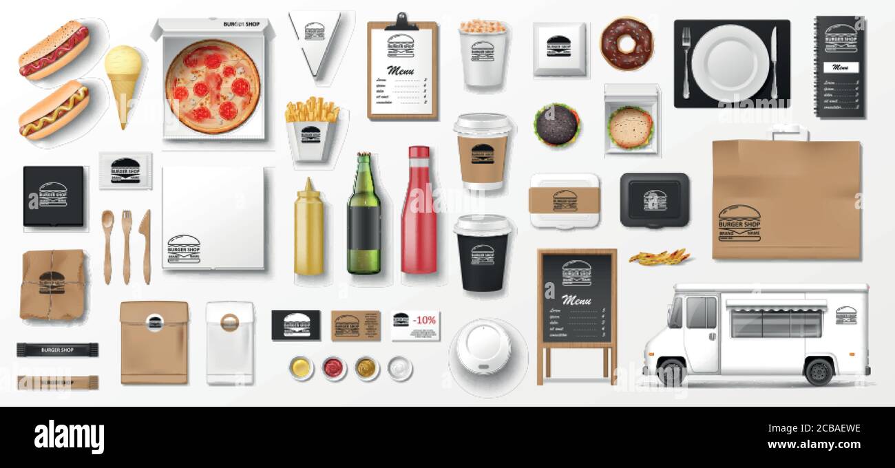 Mockup for pizzeria, cafe, restaurant or fast food shop. Branding set