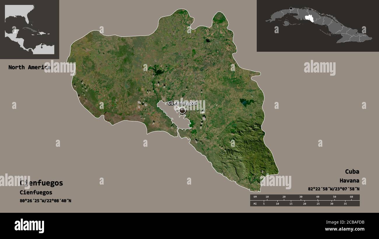 Shape of Cienfuegos, province of Cuba, and its capital. Distance scale, previews and labels. Satellite imagery. 3D rendering Stock Photo