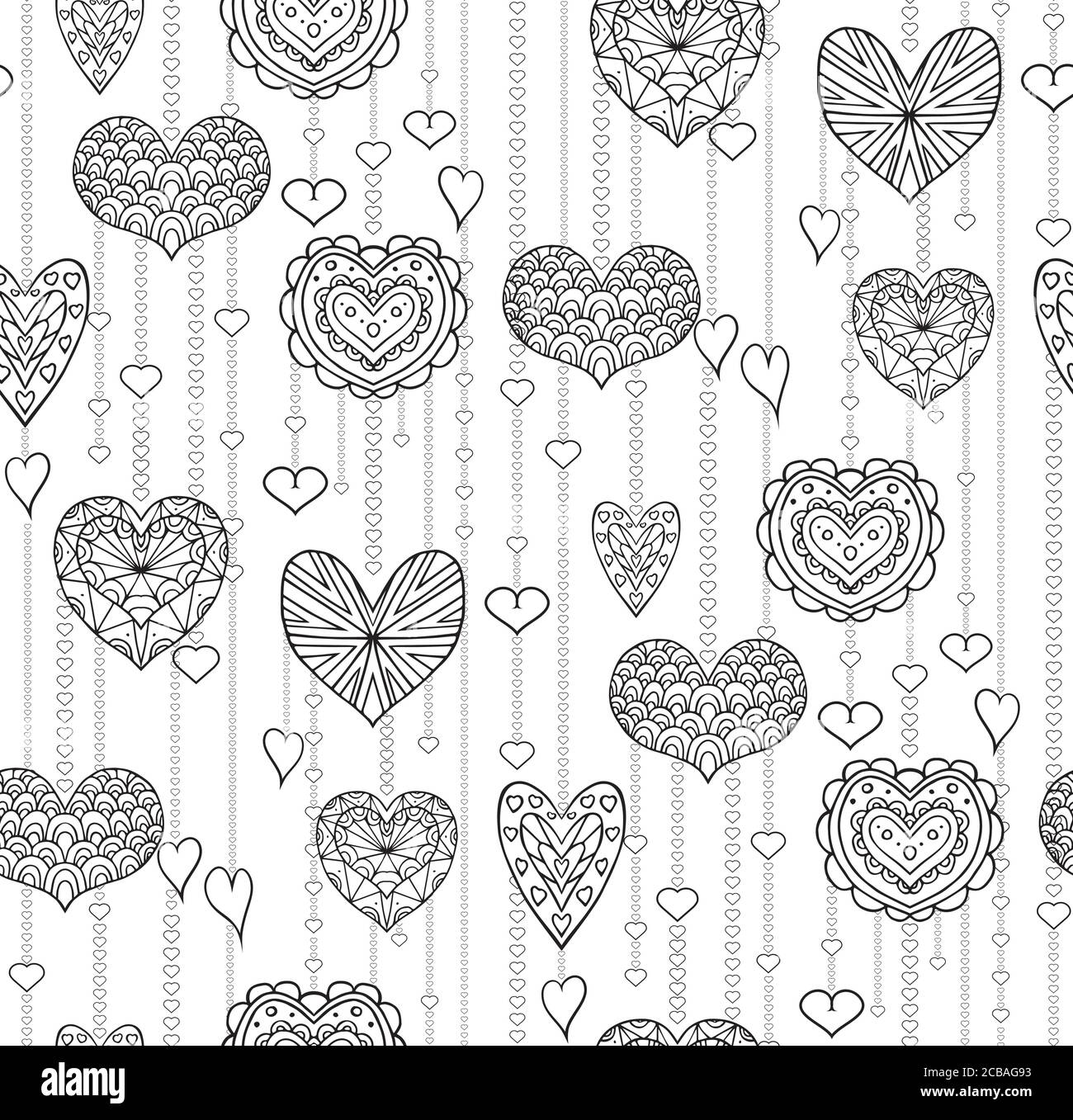 Seamless Black And White Texture With Hanging Doodle Hearts For Your Creativity Stock Vector 