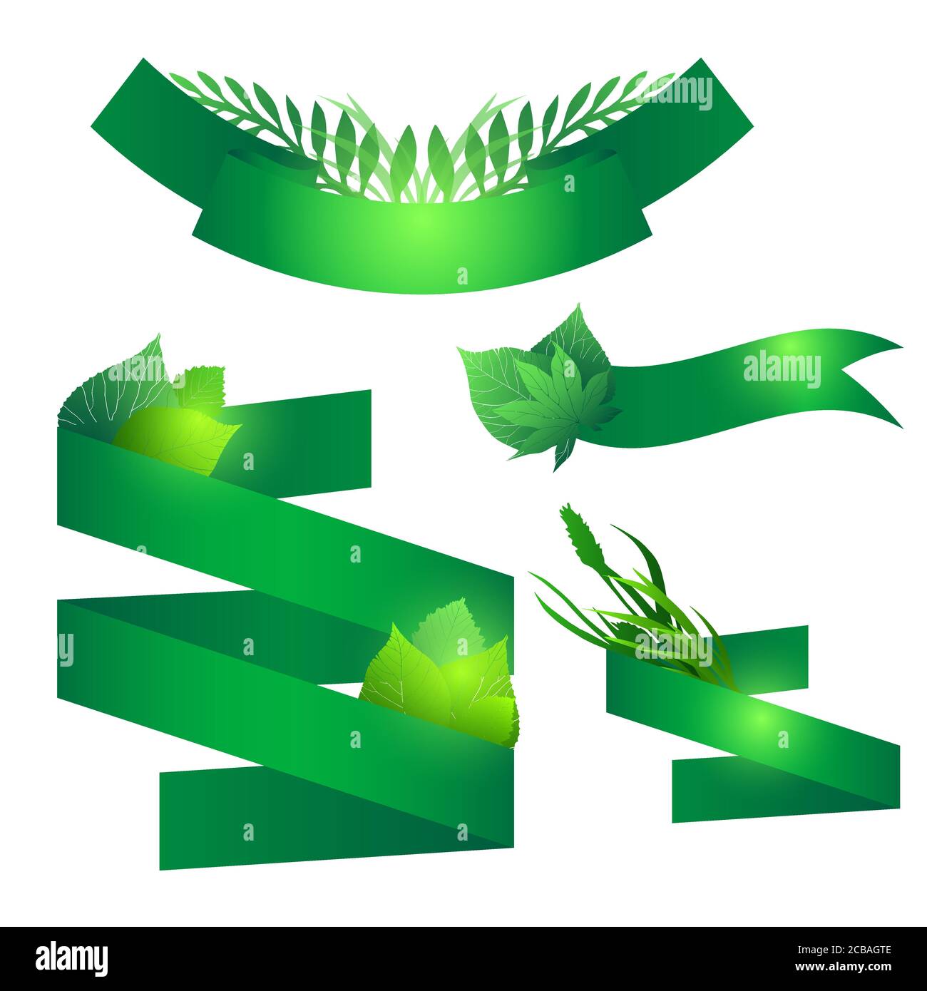 Set of green ribbons with leaves. Vector element for your design Stock