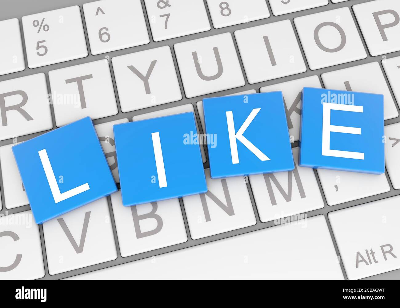 3D rendering illustration of letter blocks forming the word Like placed