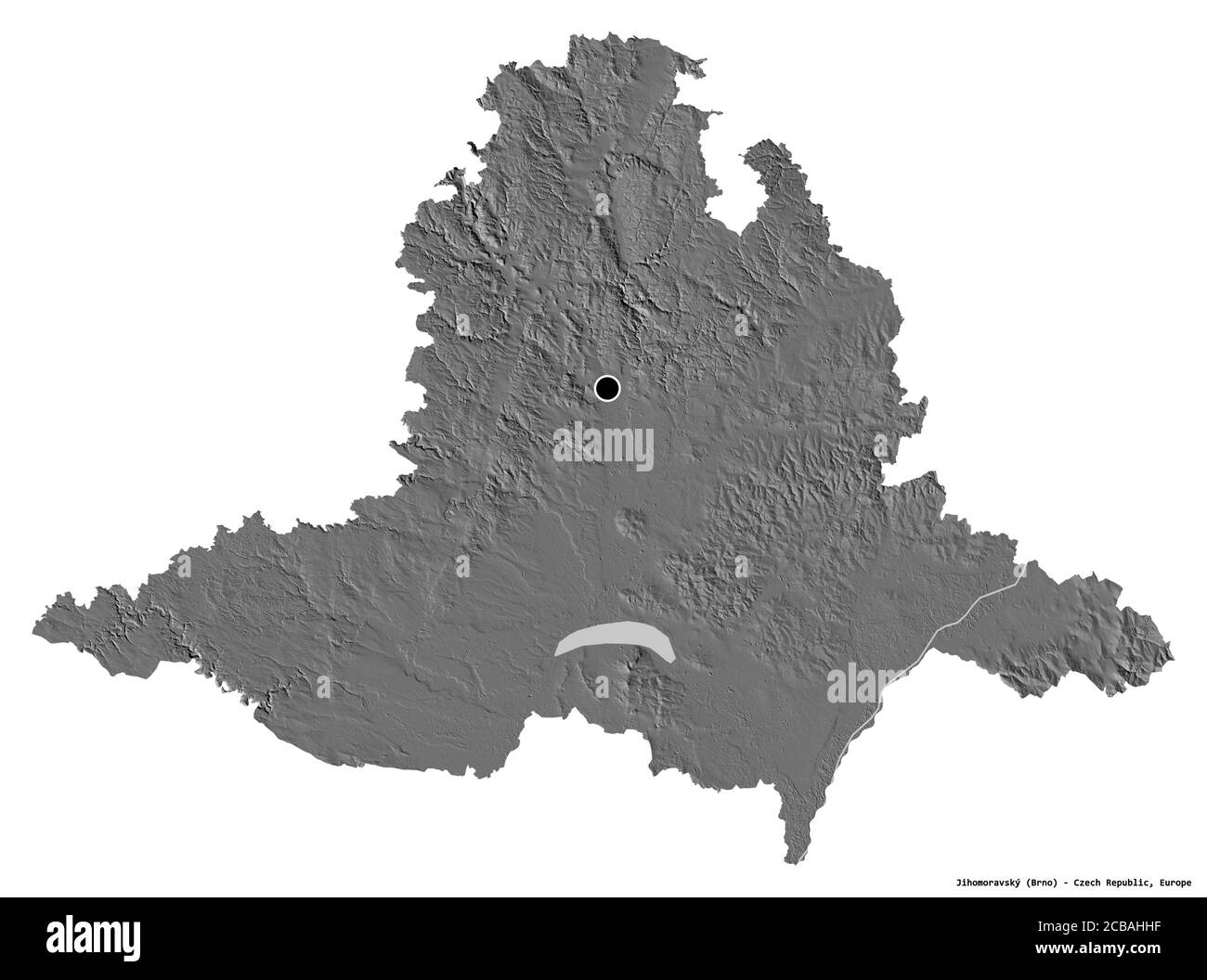 Shape of Jihomoravský, region of Czech Republic, with its capital isolated on white background. Bilevel elevation map. 3D rendering Stock Photo