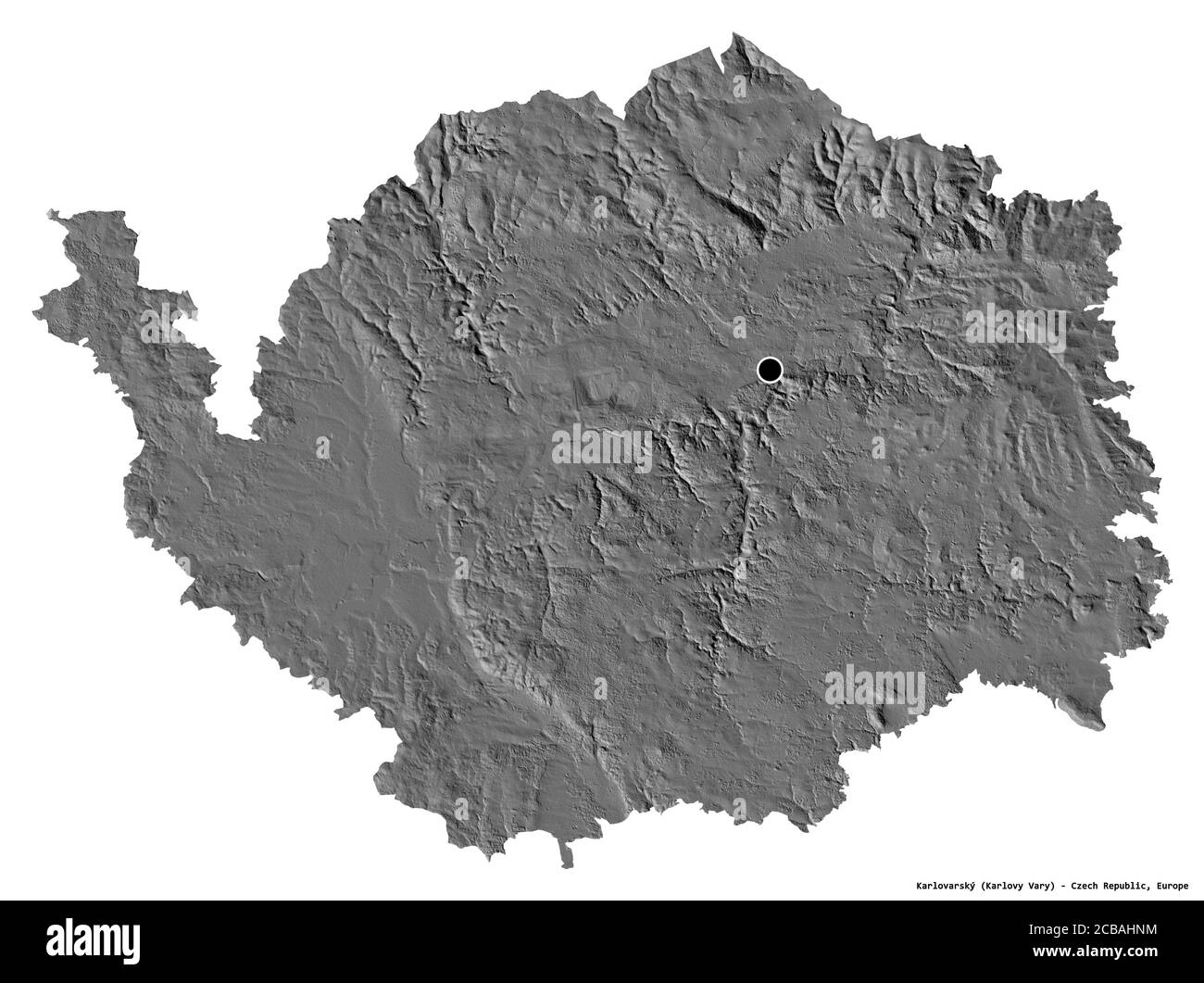 Shape of Karlovarský, region of Czech Republic, with its capital isolated on white background. Bilevel elevation map. 3D rendering Stock Photo
