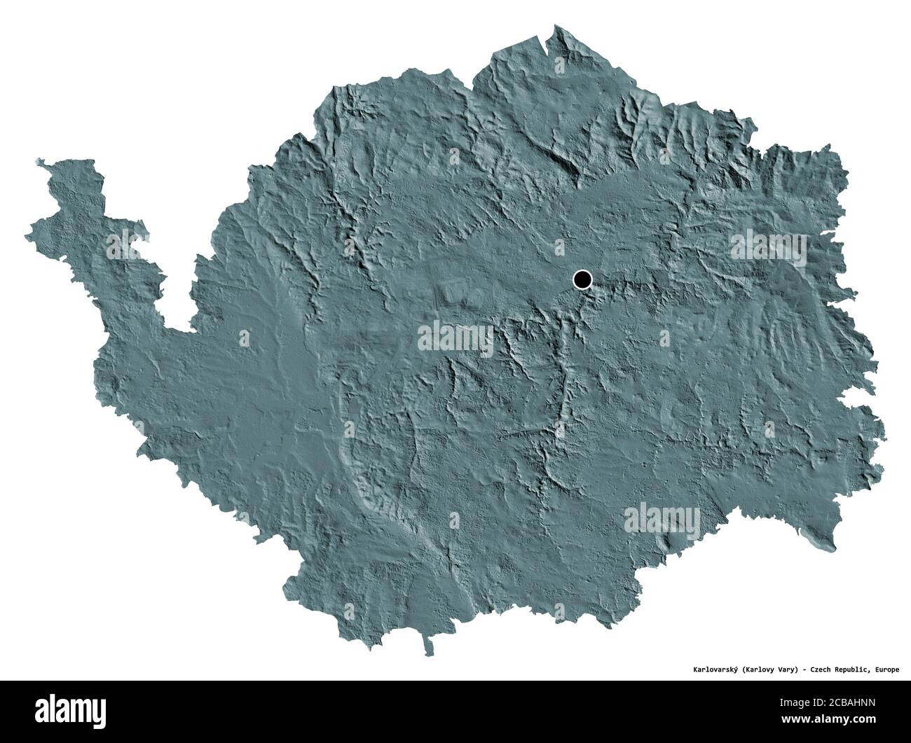 Shape of Karlovarský, region of Czech Republic, with its capital isolated on white background. Colored elevation map. 3D rendering Stock Photo