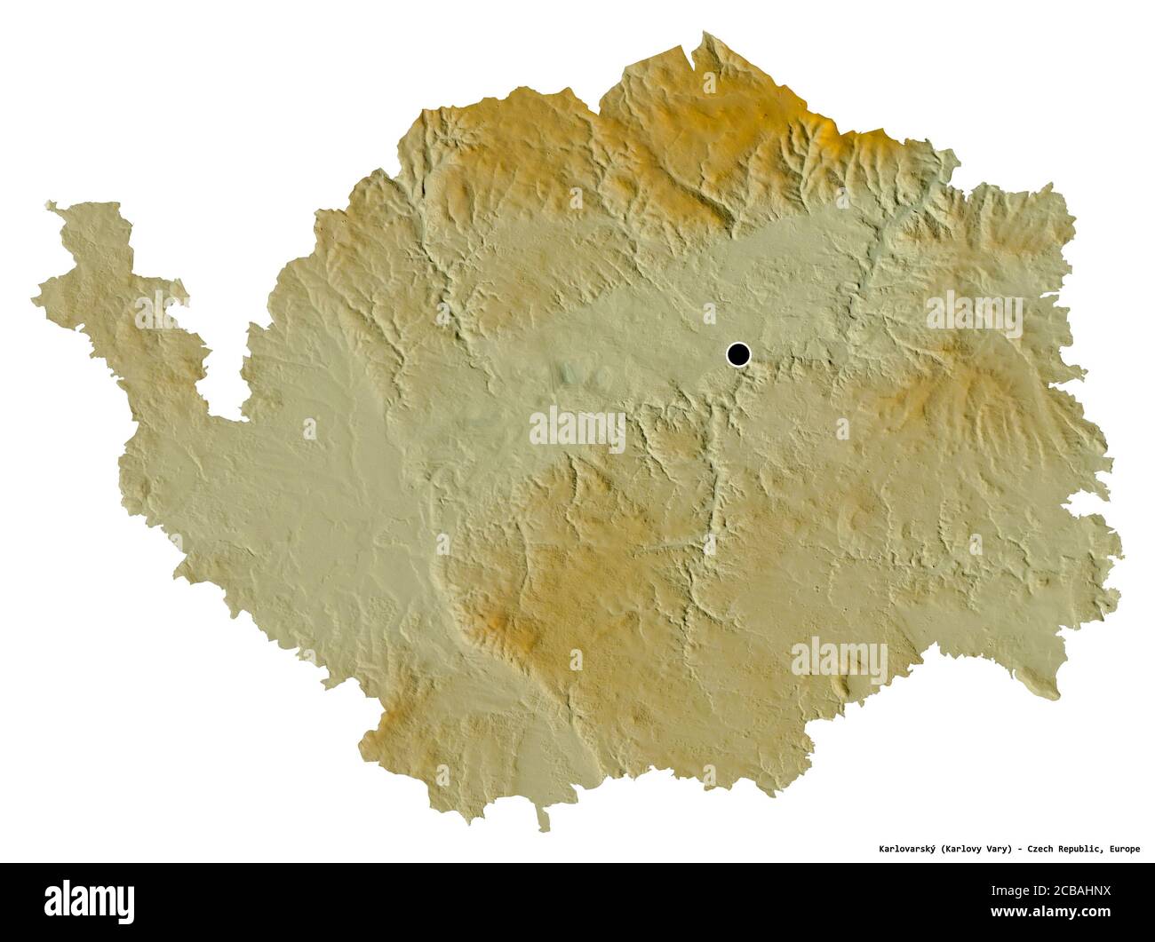 Shape of Karlovarský, region of Czech Republic, with its capital isolated on white background. Topographic relief map. 3D rendering Stock Photo
