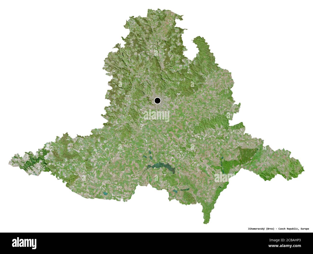Shape of Jihomoravský, region of Czech Republic, with its capital isolated on white background. Satellite imagery. 3D rendering Stock Photo