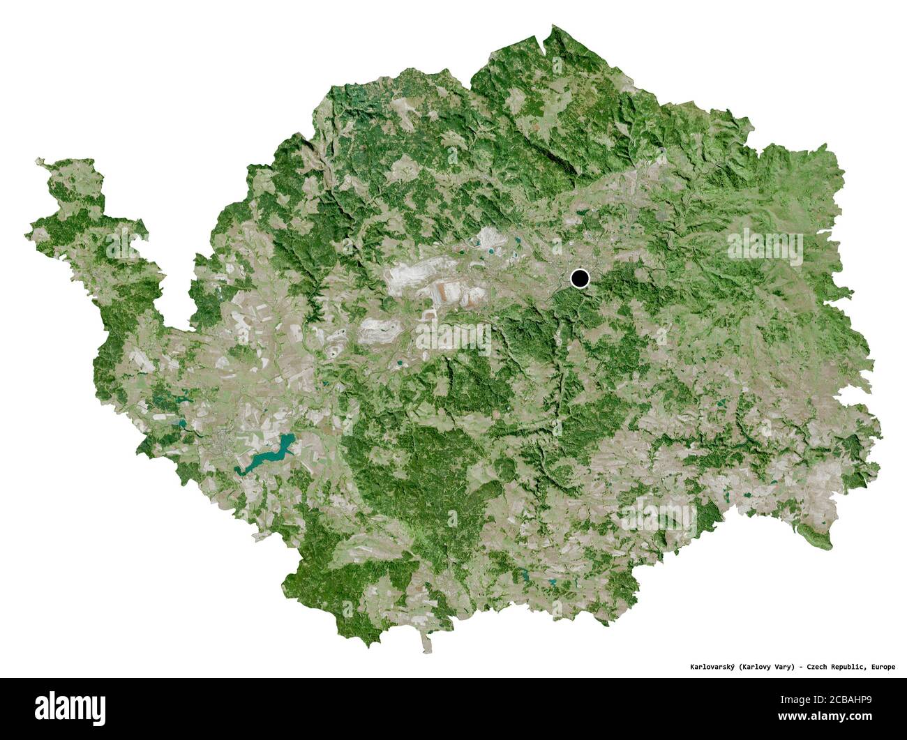 Shape of Karlovarský, region of Czech Republic, with its capital isolated on white background. Satellite imagery. 3D rendering Stock Photo