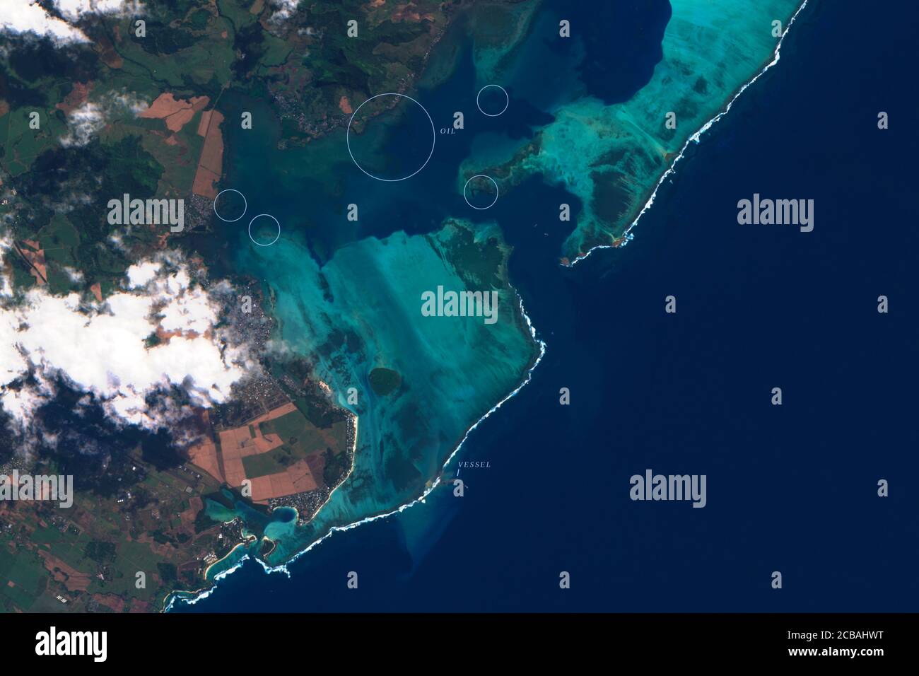 Oil spill in Mauritius in August 2020 seen from space - contains modified Copernicus Sentinel Data 2020 Stock Photo