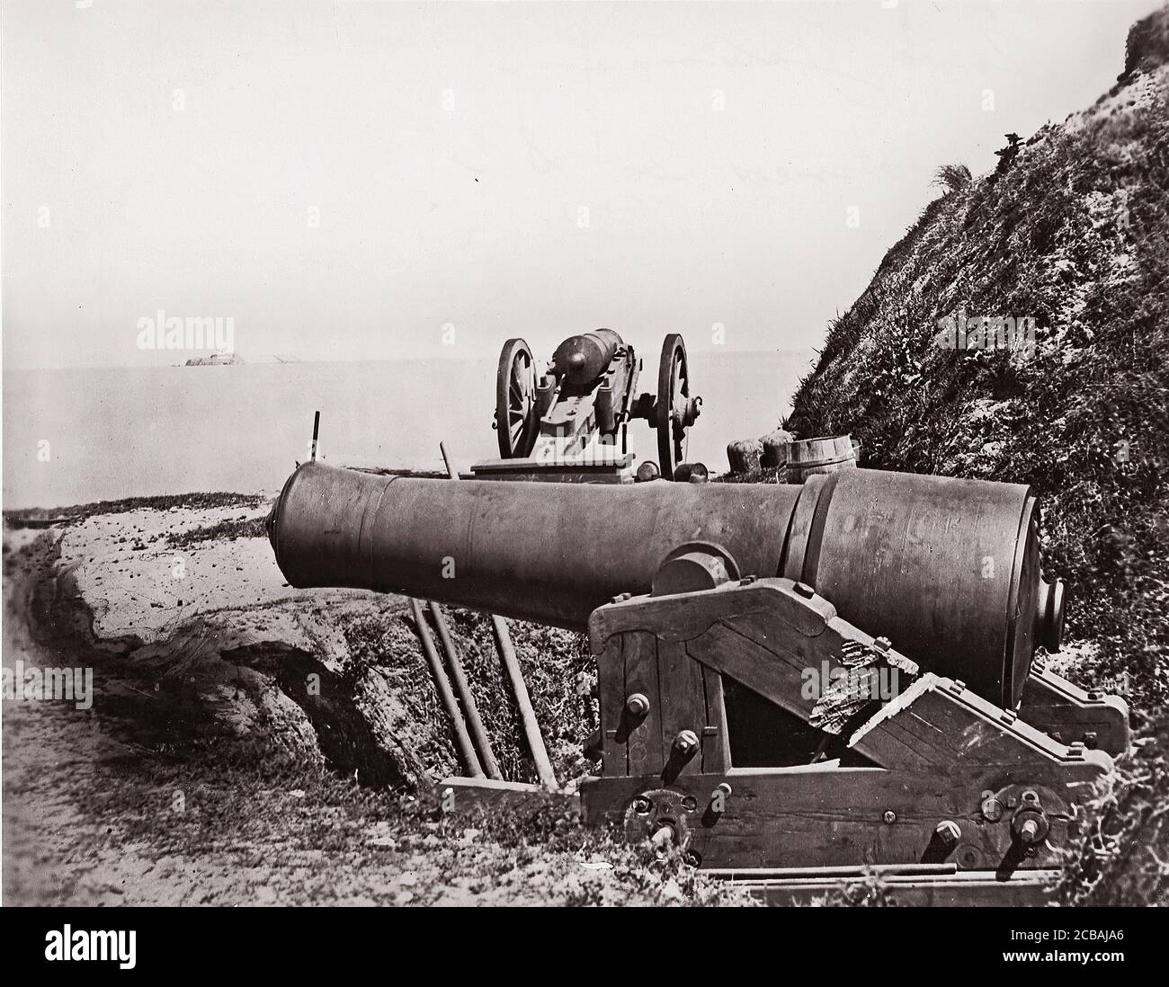 Fort Johnson, James Island, looking toward Fort Sumter, 1861-65. Formerly attributed to Mathew B. Brady. Stock Photo