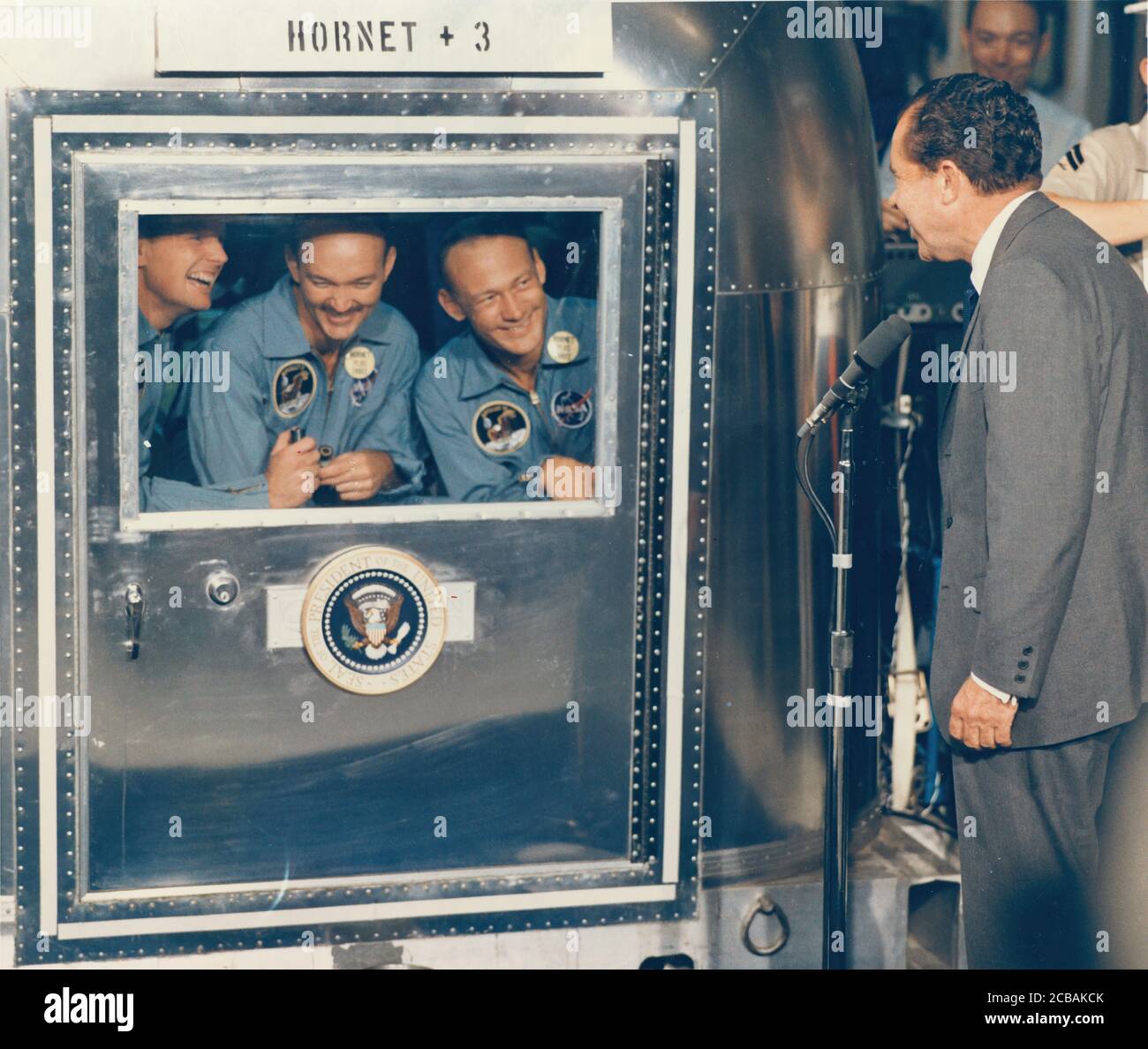 President Richard M. Nixon Welcomes the Apollo 11 Astronauts Aboard Recovery Ship USS Hornet, 1969. Stock Photo