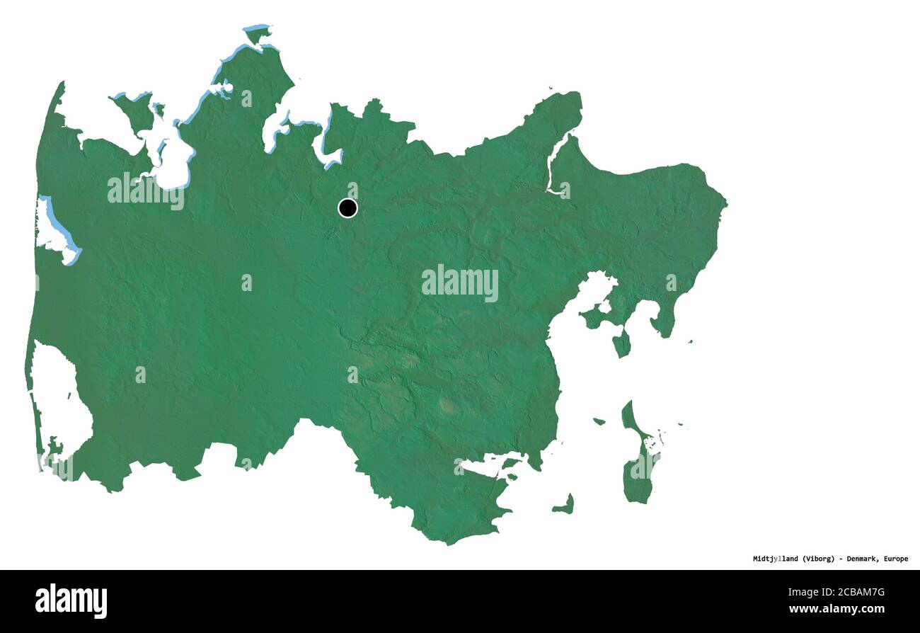 Shape of Midtjylland, region of Denmark, with its capital isolated on white background