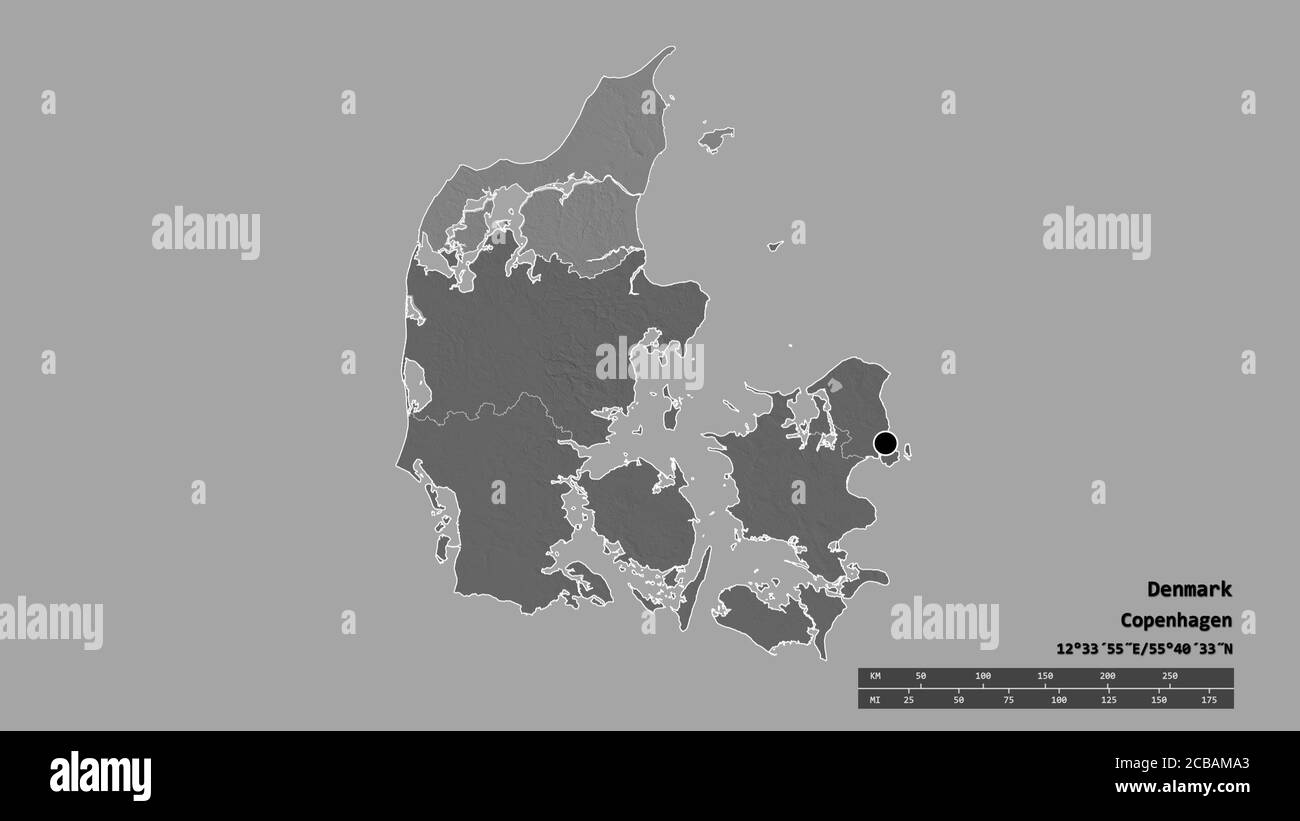 Desaturated shape of Denmark with its capital, main regional division and the separated