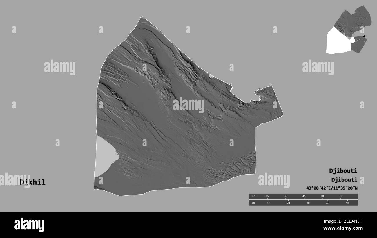 Shape of Dikhil, region of Djibouti, with its capital isolated on solid background. Distance scale, region preview and labels. Bilevel elevation map. Stock Photo