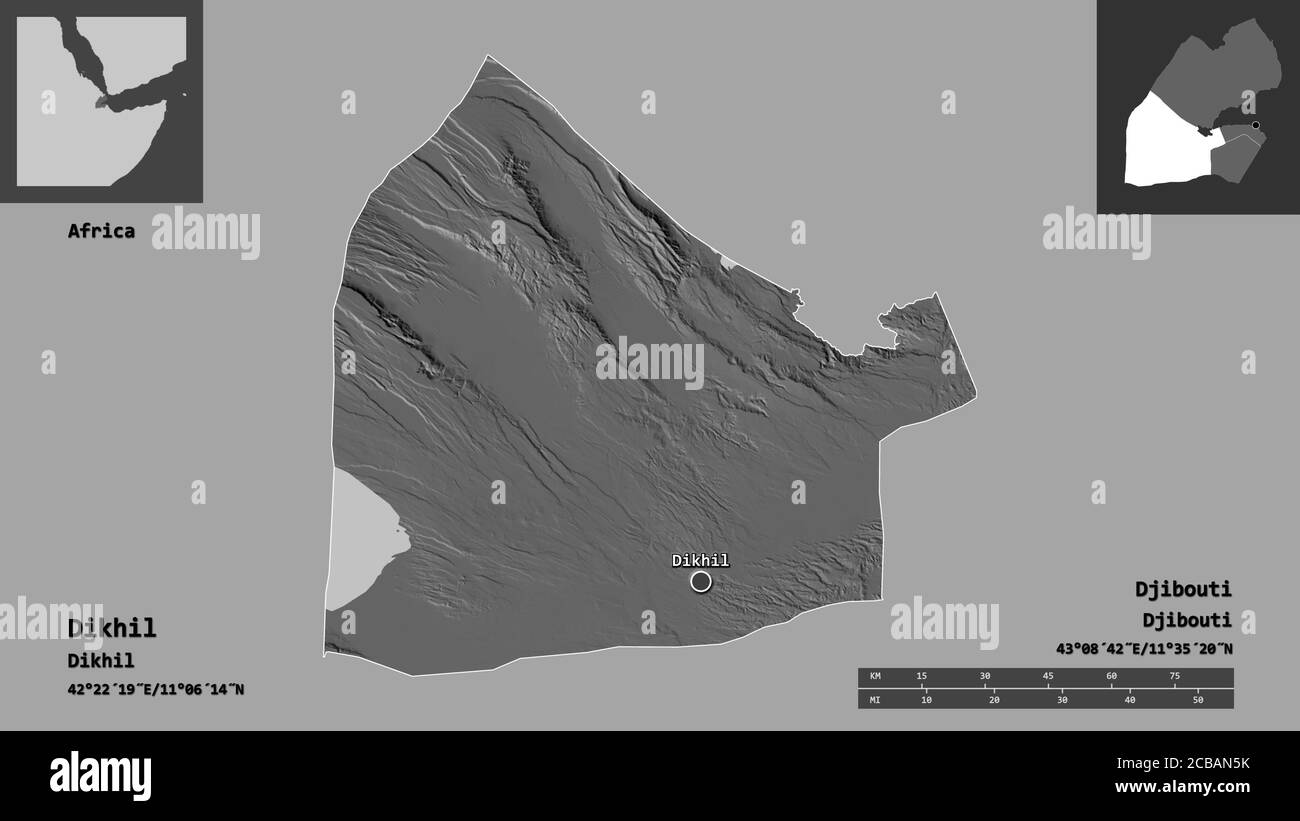 Shape of Dikhil, region of Djibouti, and its capital. Distance scale, previews and labels. Bilevel elevation map. 3D rendering Stock Photo