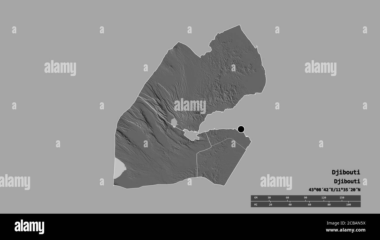 Desaturated shape of Djibouti with its capital, main regional division and the separated Dikhil area. Labels. Bilevel elevation map. 3D rendering Stock Photo