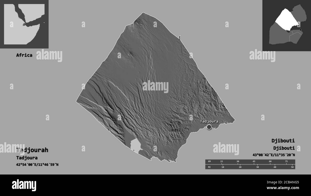 Shape of Tadjourah, region of Djibouti, and its capital. Distance scale, previews and labels. Bilevel elevation map. 3D rendering Stock Photo