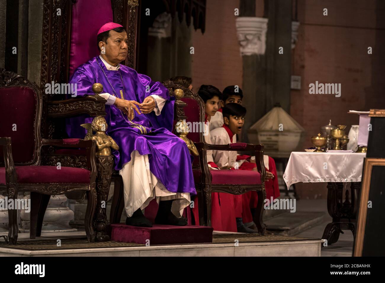 The bishop of Lahore, Sebastian Francis Shah while the Sunday service in the Sacred Heart Cathedral in Lahore in Pakistan. In 2015, the parish was attacked in the cathedral during a bomb attack where numerous victims were reported. Stock Photo