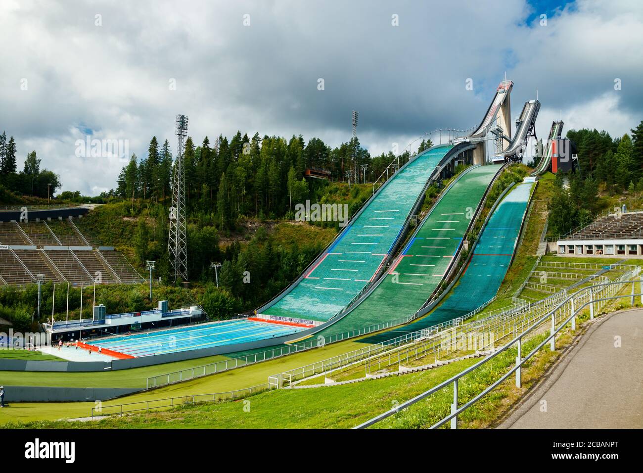 Lahti, Finland 4 August 2020 Lahti sports centre with three ski jump
