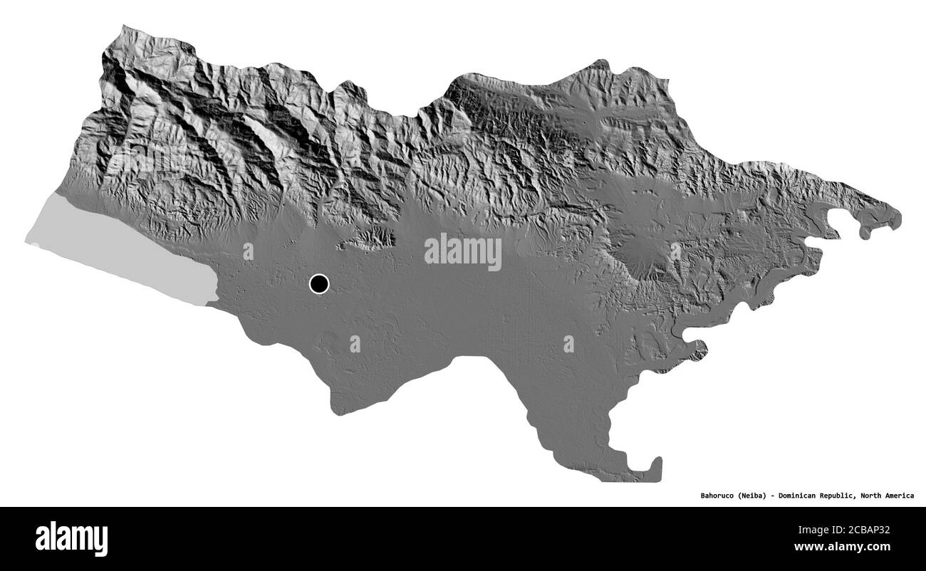 Shape of Bahoruco, province of Dominican Republic, with its capital isolated on white background. Bilevel elevation map. 3D rendering Stock Photo