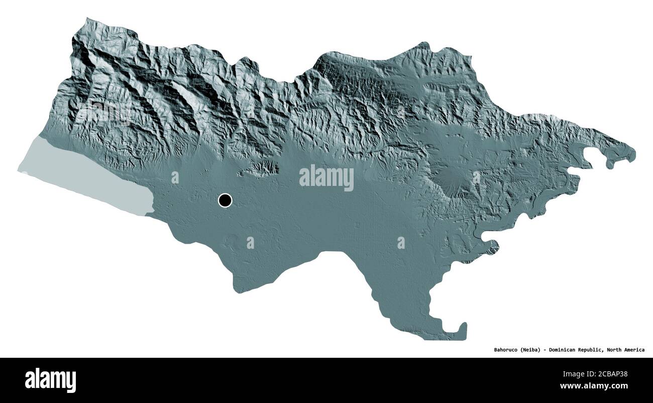 Shape of Bahoruco, province of Dominican Republic, with its capital isolated on white background. Colored elevation map. 3D rendering Stock Photo