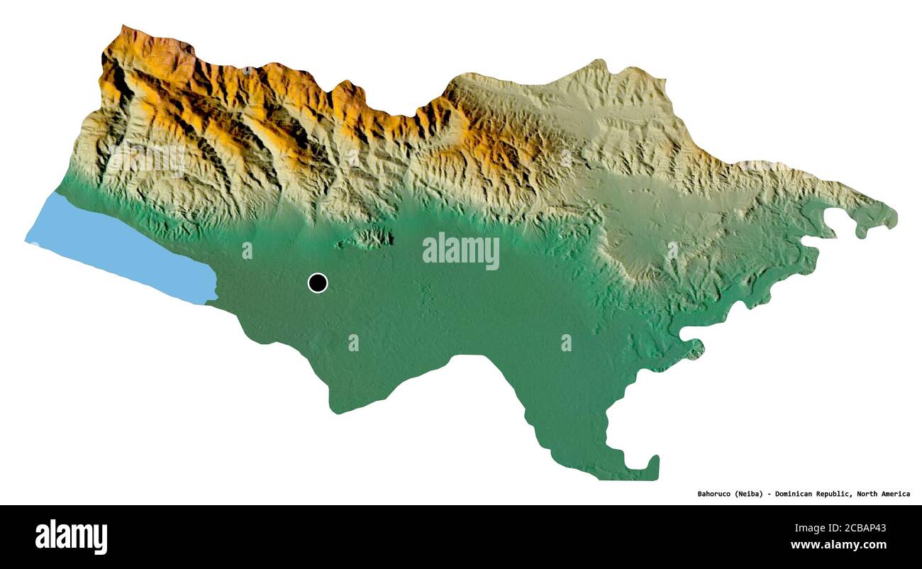 Shape of Bahoruco, province of Dominican Republic, with its capital isolated on white background. Topographic relief map. 3D rendering Stock Photo
