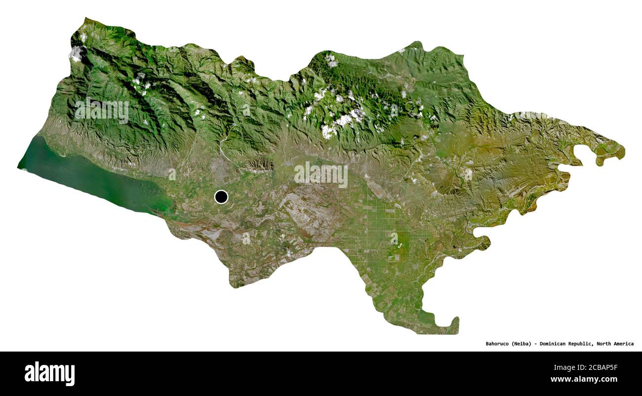 Shape of Bahoruco, province of Dominican Republic, with its capital isolated on white background. Satellite imagery. 3D rendering Stock Photo