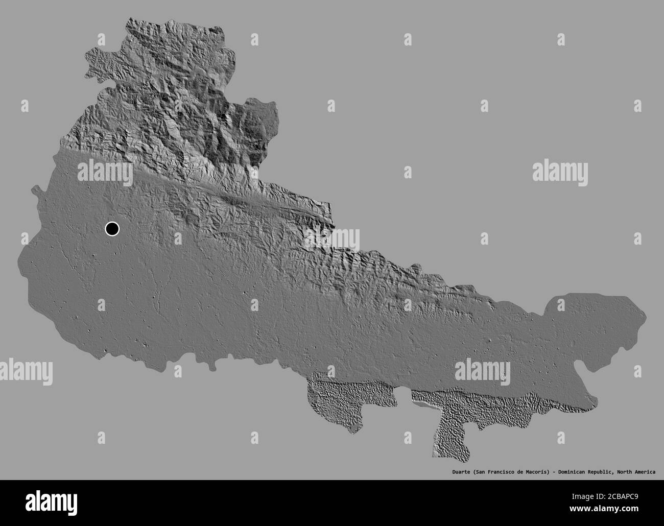 Shape of Duarte, province of Dominican Republic, with its capital isolated on a solid color background. Bilevel elevation map. 3D rendering Stock Photo