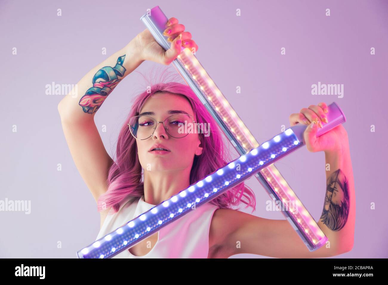 Fashion portrait of beautiful woman on colored background Stock Photo ...